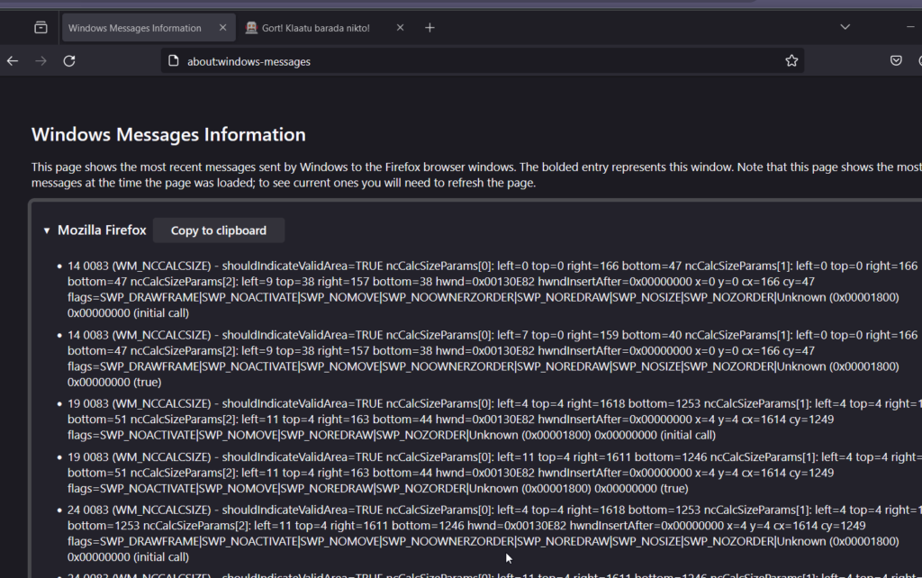 Mozilla Firefox about command developer focused page providing debugging information