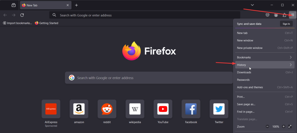 open Firefox history