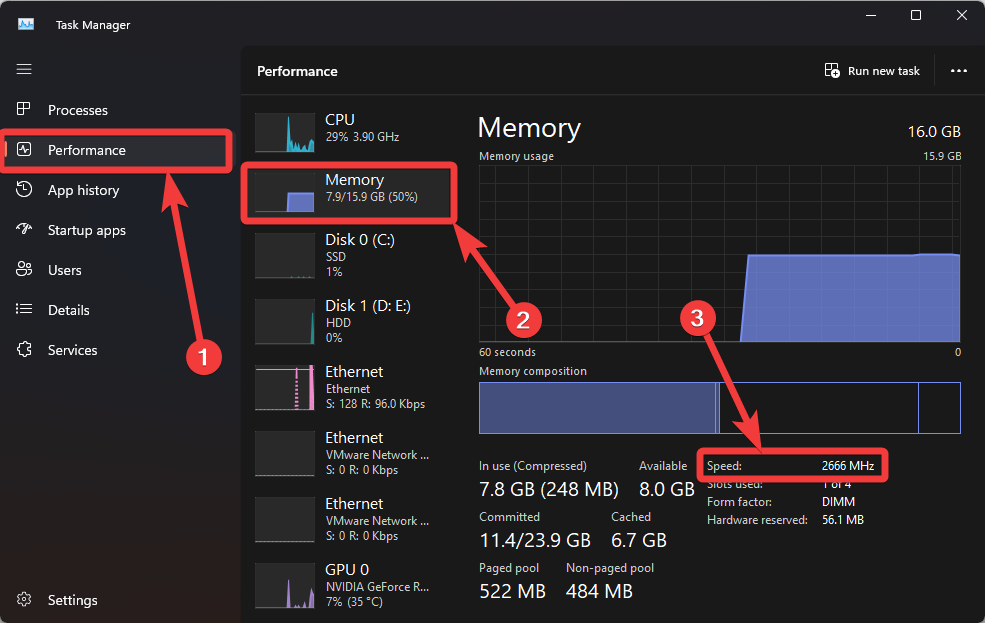 Check RAM type Using Window 11 or 10 Task Manager