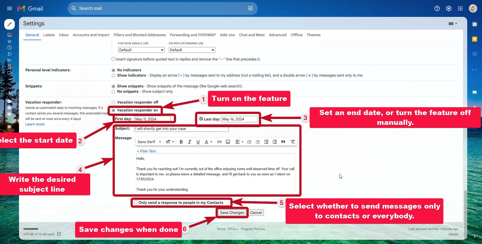 Gmail Vacation Responder settings