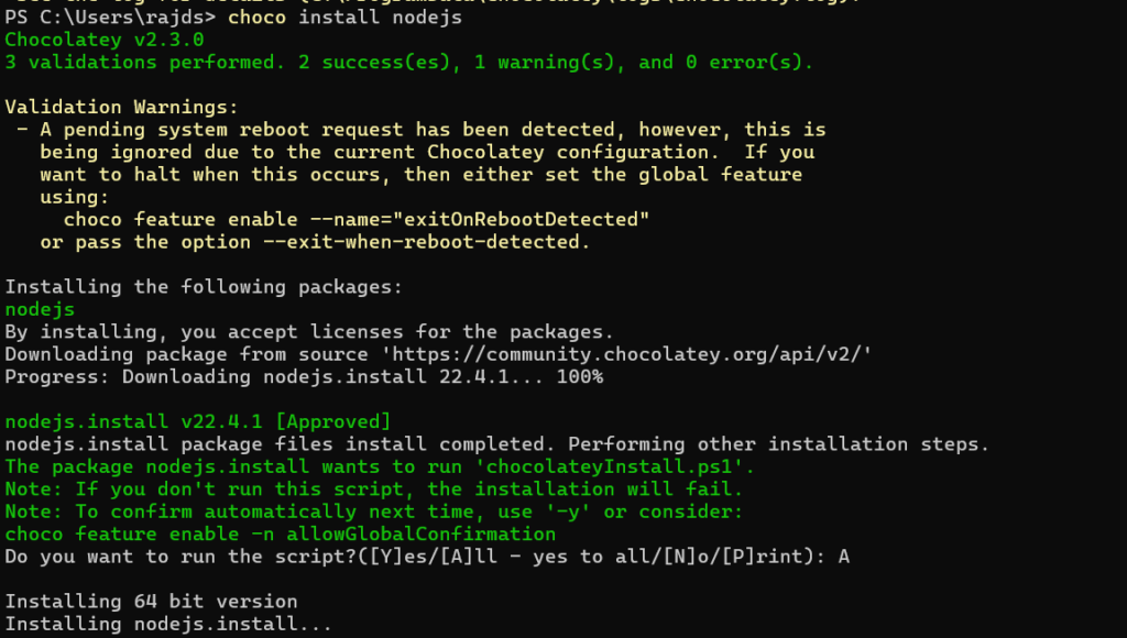 Installing Nodejs and NPm using Choco choclatey