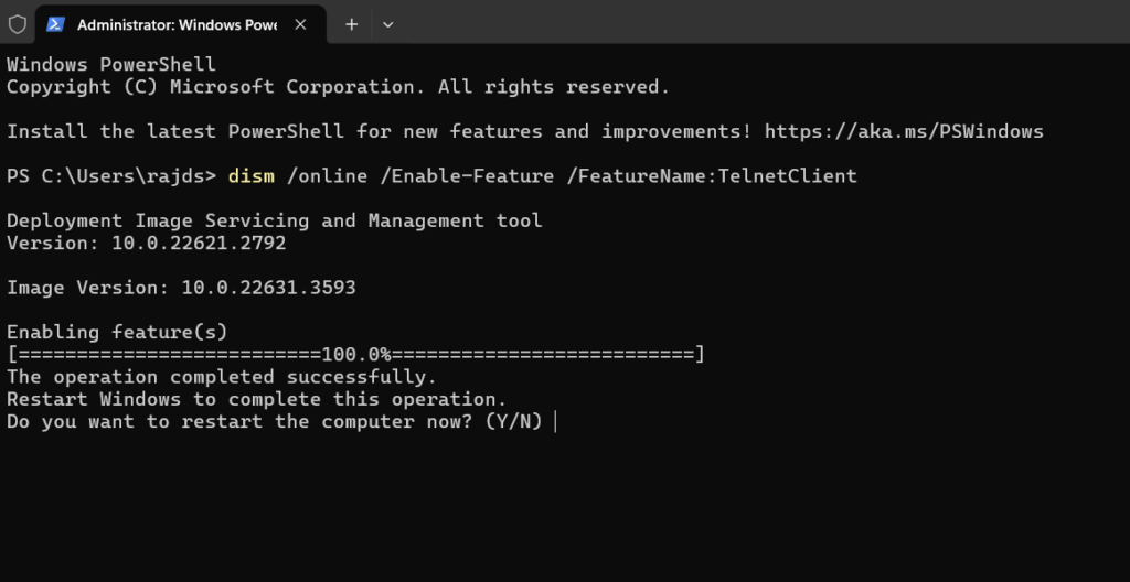 PowerShell command to enable Telnet Windows