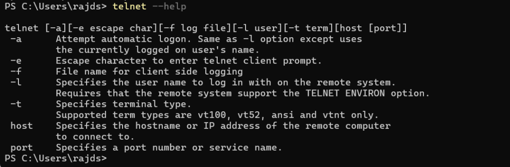 Telnet help command