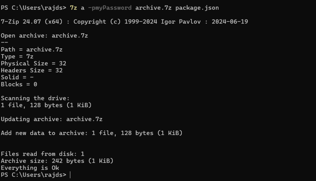 To create a 7 zip password protected archive