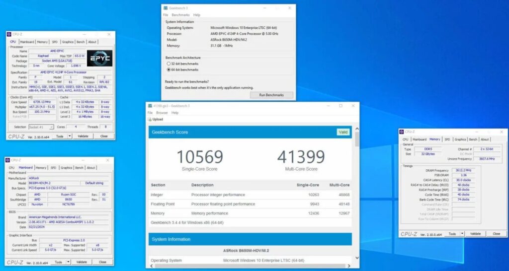 AMD EPYC 4124P processor on a B650 motherboard