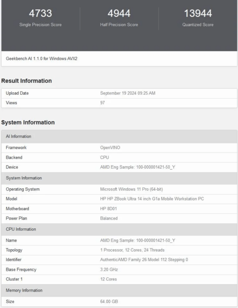 AMD Ryzen AI Max 390 GeekBench Score