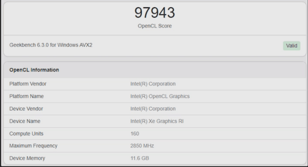 Intel 20 core Arc Battlemage GPU Geekbench Score