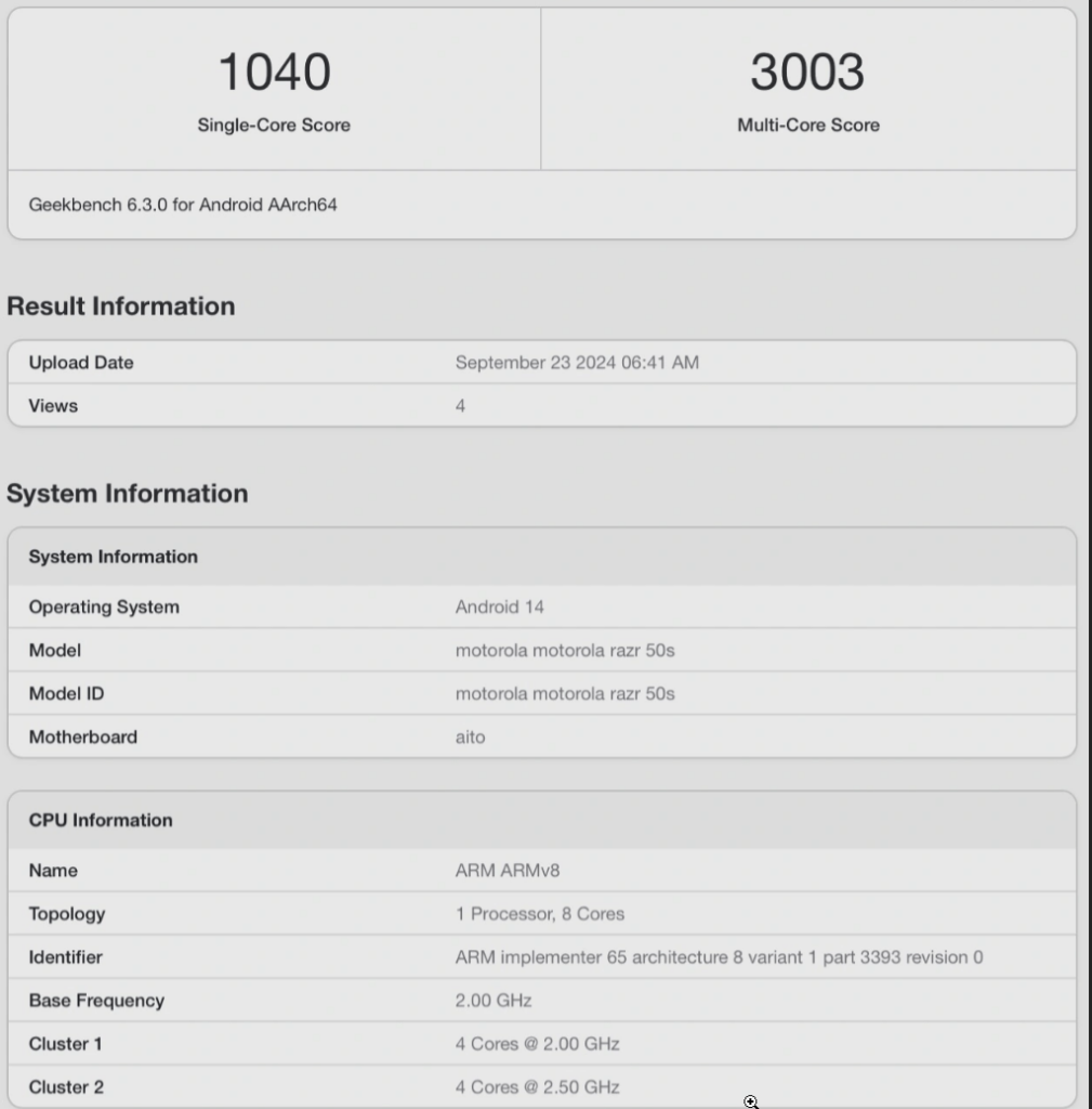 Motorola Razr 50s foldable phone Geekbench score