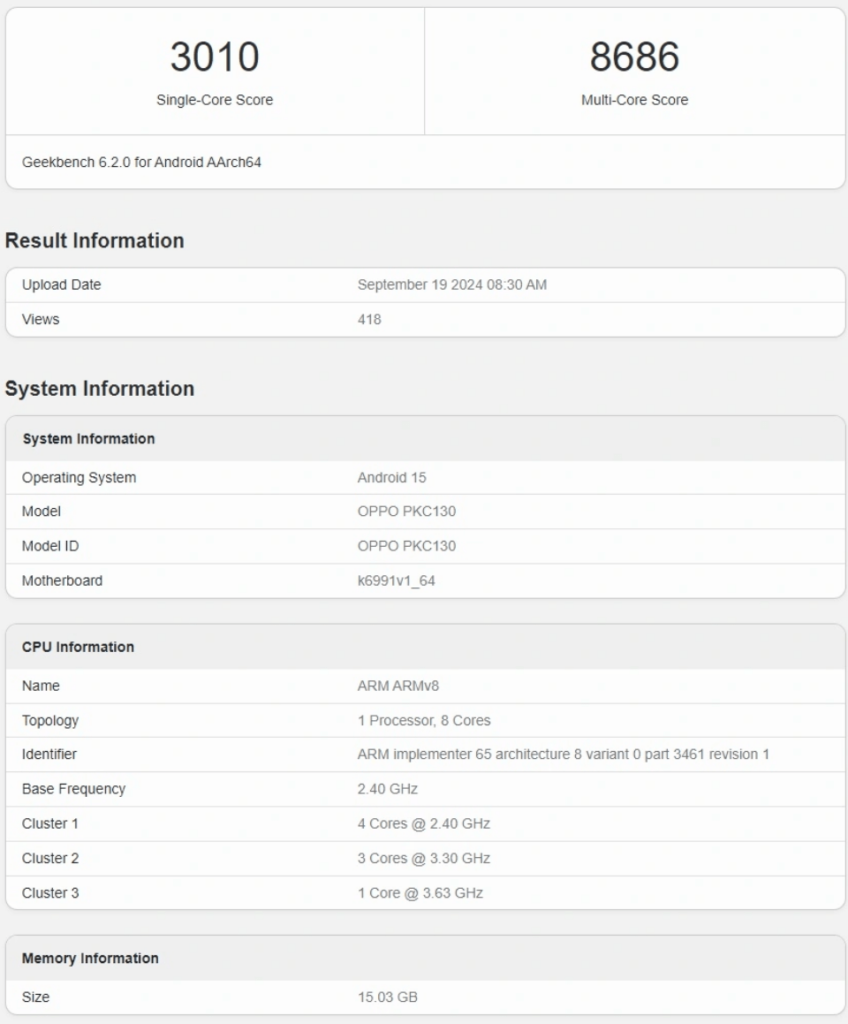 OPPO Find X8 Pro Geekbench specifications