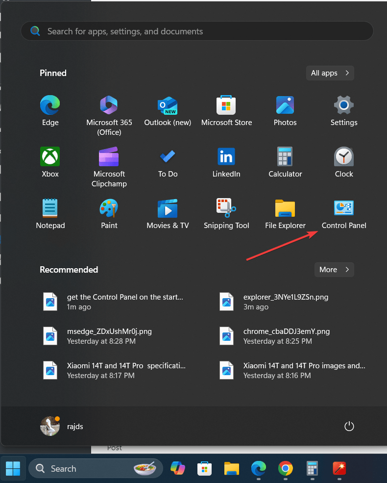 Pin Control Panel icon on the Windows 11 Start menu