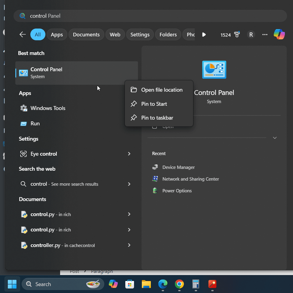 get the Control Panel on the start menu in Windows 11