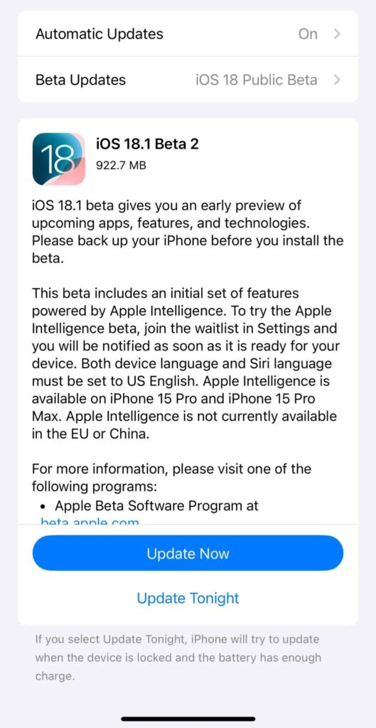 iOS 18.1 Beta 2